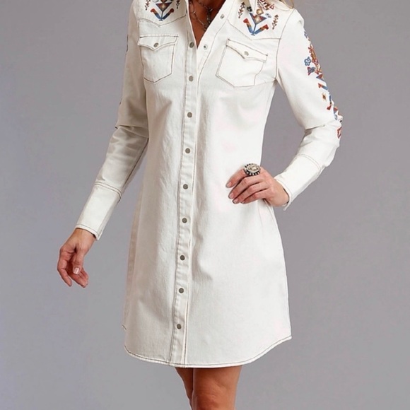 StetsonEmbroidered White Long Sleeve Dress Small - Picture 3 of 10